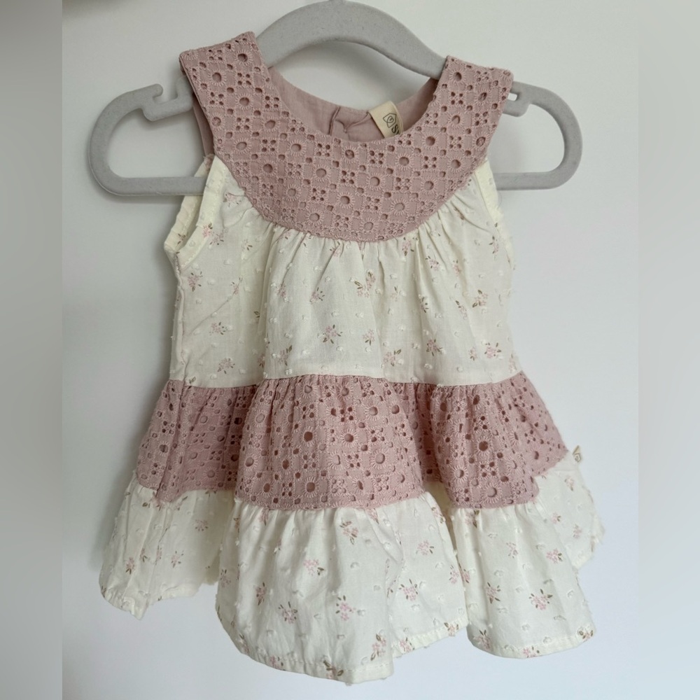 Floral Swiss Dot Tiered Eyelet Baby Dress - 0-3 months